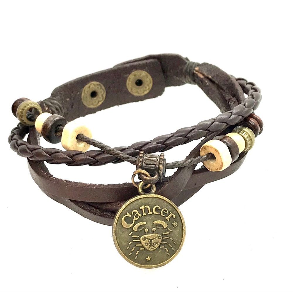 Leather bracelet Cancer Zodiac with charms